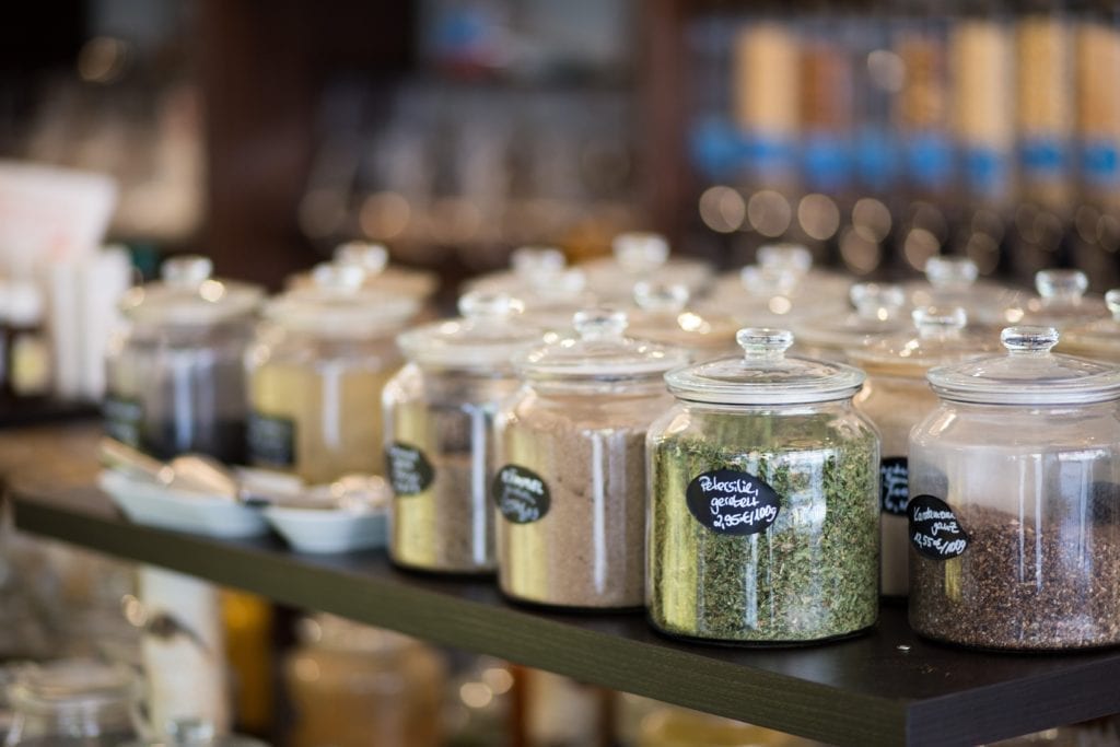 ZERO WASTE BULK SHOP, AN EXAMPLE OF A COMPLETELY PLASTIC FREE STORE, WITH THE AIM TO PROVIDE A ZERO WASTE ENVIRONMENT FOR THE CUSTOMERS, OFFERING REFILL STATIONS ON BULK FOOD GOODS. PHOTO: LAURA MITULLA
