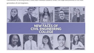 Screenshot of webpage; text reads "ASCE 2022 New Faces of Civil Engineering College" with a collage of 10 student headshots above and below