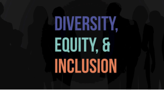Black background with the words Diversity, Equity, and inclusion written in purple, teal, and orange, respectively.
