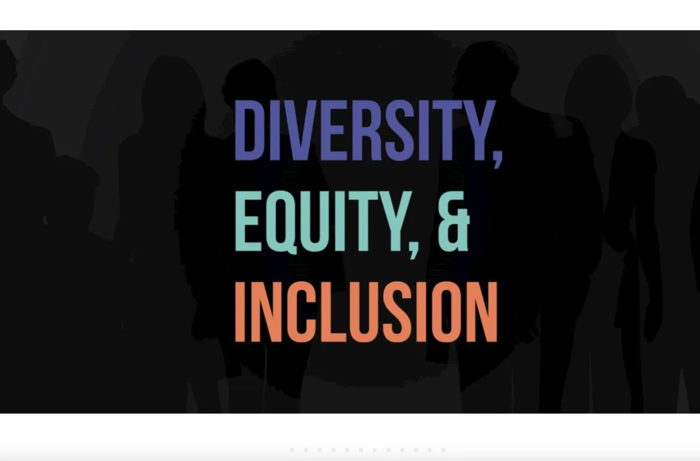 Black background with the words Diversity, Equity, and inclusion written in purple, teal, and orange, respectively.